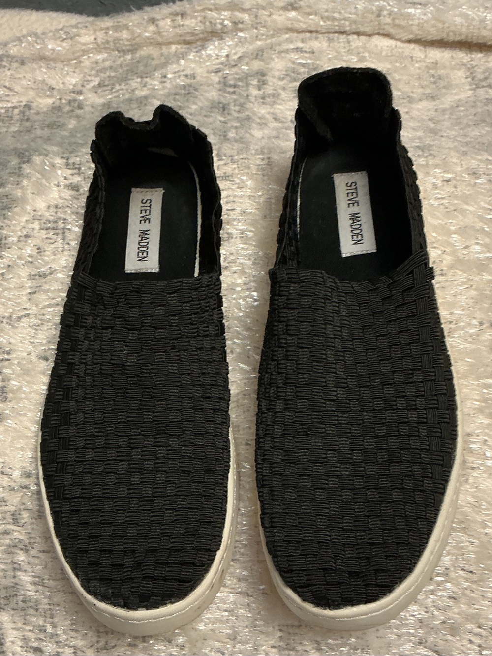 Steve Madden Black Woven Slip-On Sneakers with White Sole